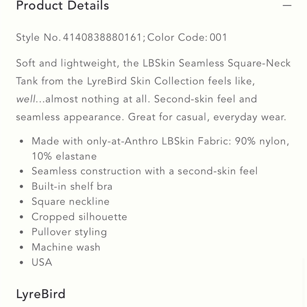 NWT Anthropologie LyreBird Skin Seamless Square-Neck Tank Size: S/M - Picture 5 of 6